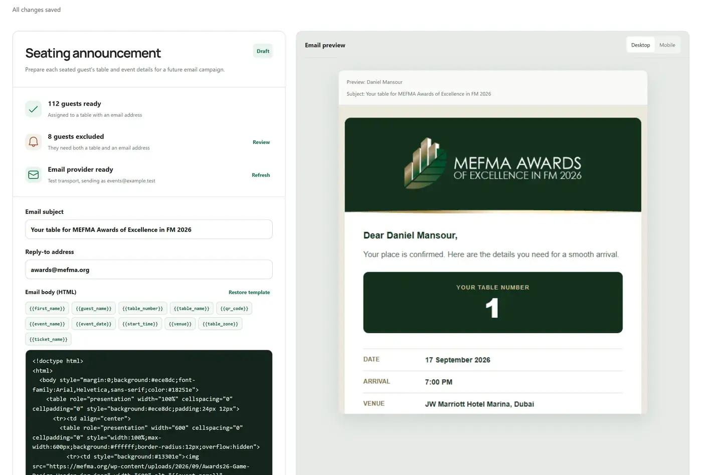 MEFMA seating announcement email editor