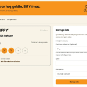 Fluffy customer loyalty card on a phone-sized page, showing three of five stamps, with sample data