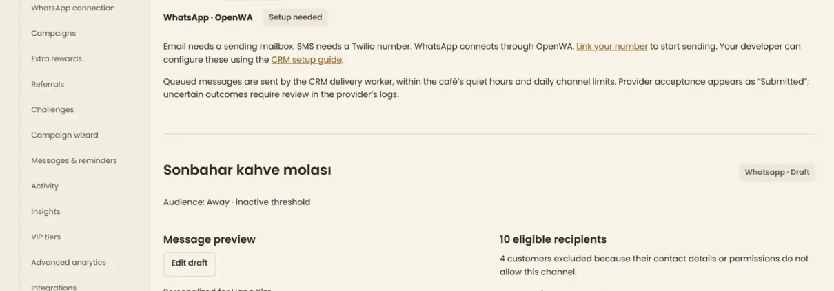 CRM messaging screen with a WhatsApp draft to lapsed customers and a recipient preview, shown with sample data