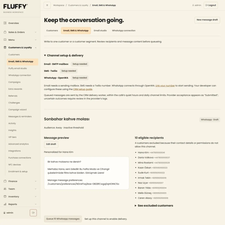 CRM messaging screen with a WhatsApp draft to lapsed customers and a recipient preview, shown with sample data