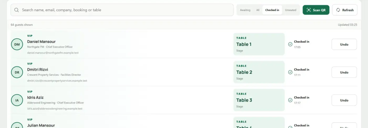 On-site check-in screen showing arrival counts and a searchable guest list, with sample guests