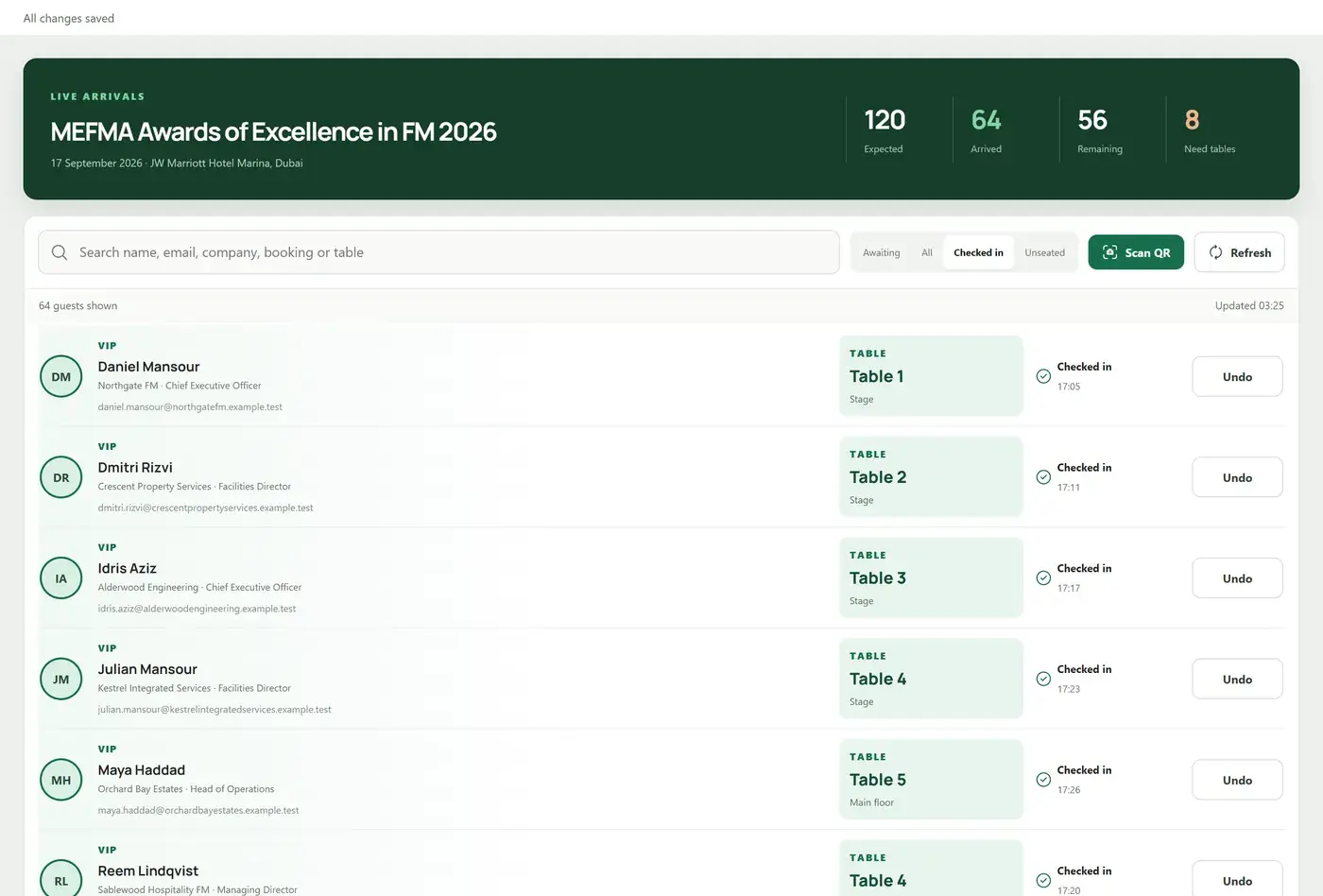 On-site check-in screen showing arrival counts and a searchable guest list, with sample guests
